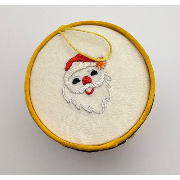 Vintage Drum Christmas Tree Ornament Jolly Santa Face Embroidery Blue and Gold - Picture 5 of 6